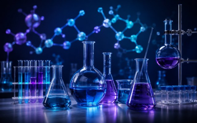 Laboratoriumglazen met blauwe en paarse vloeistoffen